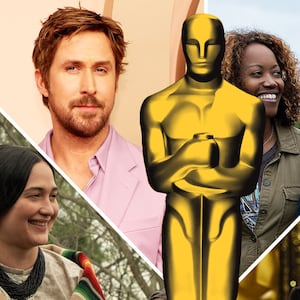 A photo composite of an Oscar statuette in front of a series of photos that include Ryan Gosling, Jimmy Kimmel and still from American Fiction and Killers of the Flower Moon