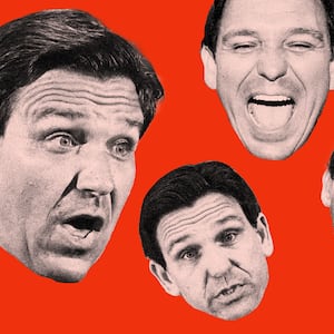 Photo illustration of five laughing or exaggerated faces of Florida governor Ron DeSantis