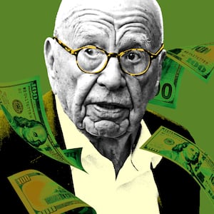 A photo illustration of Rupert Murdoch with money blowing around him