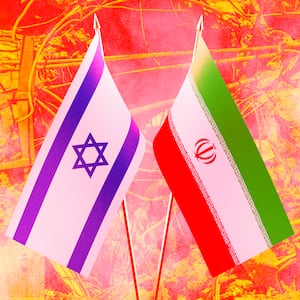 A photo illustration of Israeli and Iranian flags and background of rubble.