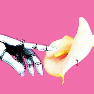 A photo illustration of a robotic hand reaching out to touch a lily