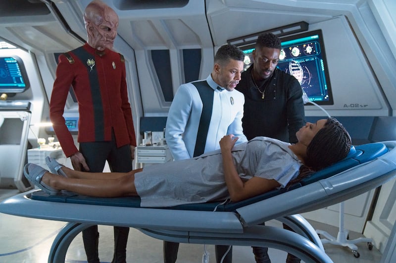 Doug Jones as Saru, Wilson Cruz as Culber, David Ajala as Book, and Sonequa Martin Green as Burnham.