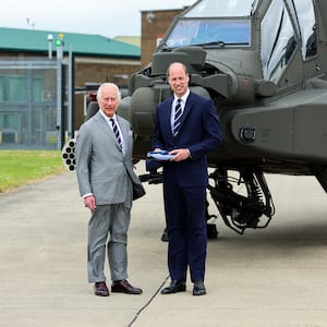 King Charles III and Prince William, Prince of Wales during the official handover in which King Charles III passes the role of Colonel-in-Chief of the Army air corps to Prince William, Prince of Wales