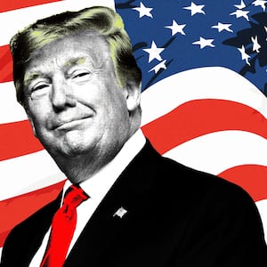 An illustration that includes a photo of Former United States President Donald Trump and the American Flag