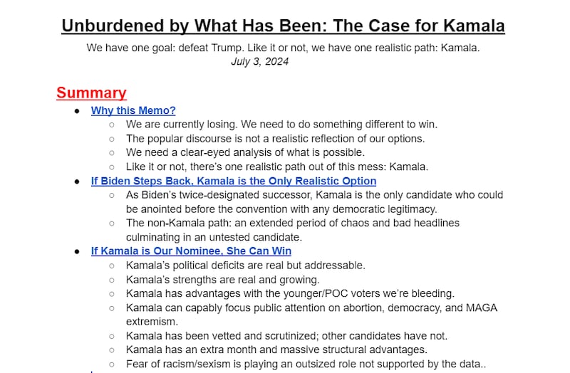 Screengrab of the “The case for Kamala” Google Document