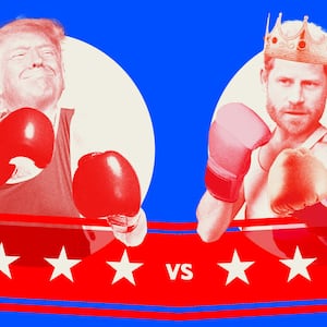 Photo illustration of Donald Trump as a boxer vs. Prince Harry and Meghan Markle as boxers