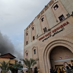 "moke rises following an Israeli strike near the Indonesian Hospital that ran out of fuel and electricity, in the northern Gaza Strip, November 12, 2023.