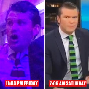 In December 2017 Pete Hegseth was photographed clearly drunk at a colleague’s wedding, and Pete Hegseth on FOX & Friends the following morning of Dec. 2, 2017.