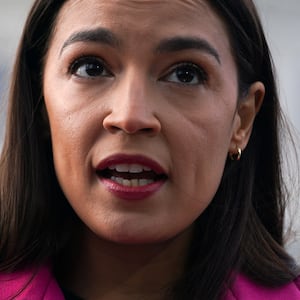 U.S. Rep. Alexandria Ocasio-Cortez (D-NY) speaks about border policy, at the Capitol in Washington