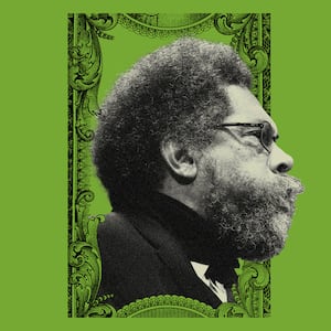 Photo illustration of Cornel West with a US dollar pattern overlay