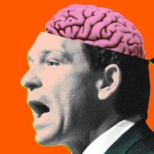 Photo illustration of Governor Ron DeSantis (R-FL) with his head open and a pink brain collaged behind him.