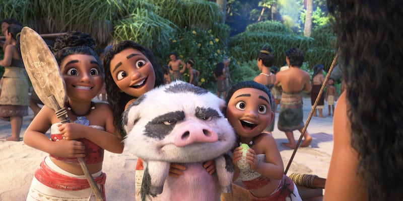 Moana-inspired group called the “Moanabes,” featuring the voices of Jasmine and Tiana Johnson, and Bua the pig, in the new film Moana 2.