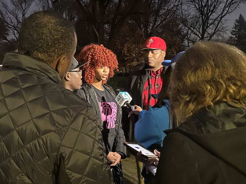 Brey’anna Brown, a sophomore at Shawnee Mission East High School, speaks with reporters.