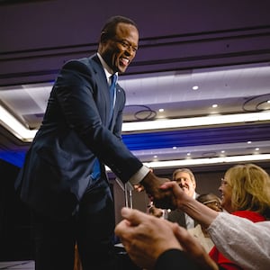 Kentucky Attorney General Daniel Cameron greets supporters following his victory in the Republican primary for governor.