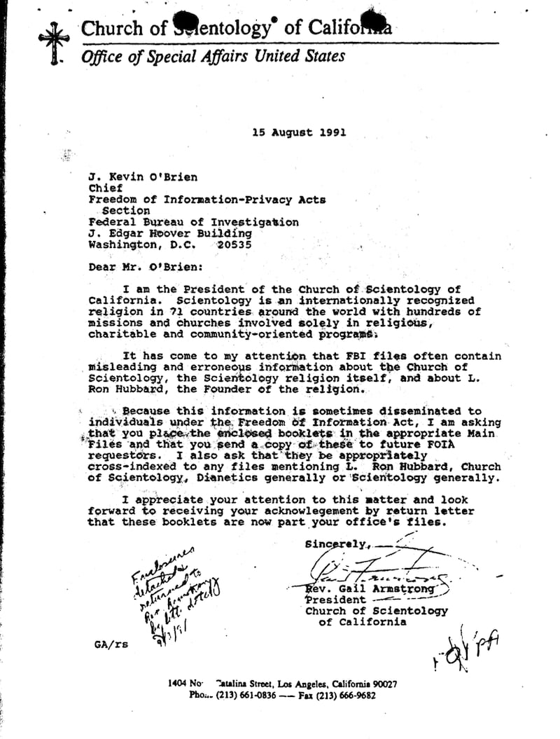 A 1991 letter from Gail Armstrong to the Federal Bureau of Investigation shows her request that agents include official Scientology materials in response to freedom of information requests about the organization.