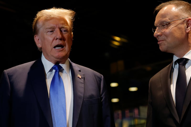 Former President Donald Trump speaks as he meets with Polish President Andrzej Duda at Trump Tower on April 17, 2024 in New York City.