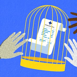 An illustration of an itemized bill inside a cage with hands reaching out for it