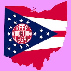 A photo illustration of the map of Ohio and Ohio state flag with a Keep Abortion Legal sign superimposed.