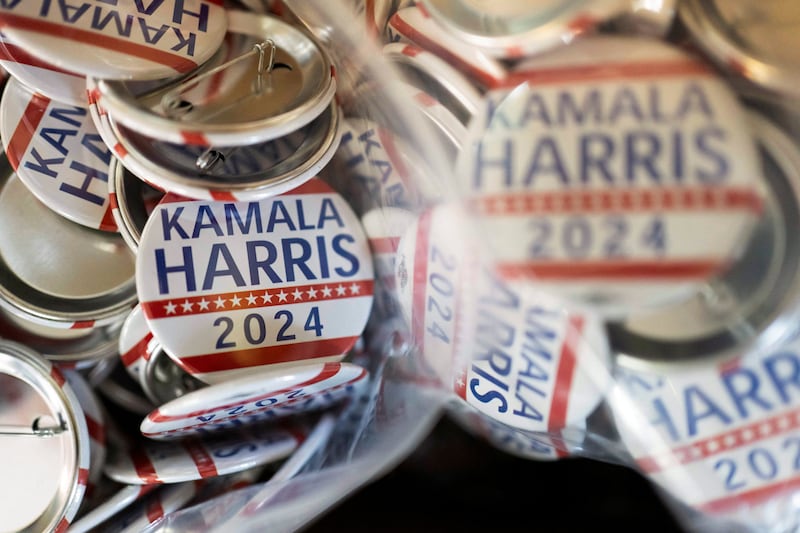 Buttons in support of U.S. Vice President Kamala Harris.