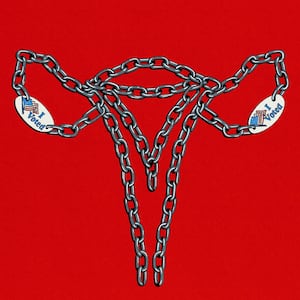 Illustration of a uterus made out of chains with "I voted" stickers