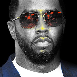 Photo illustration of Diddy with a blue jacket, red sunglasses shades, on a black background.