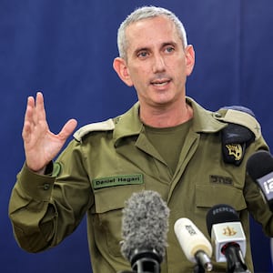 Israeli army spokesman Rear Admiral Daniel Hagari speaks to the press from the Israeli Ministry of Defence.