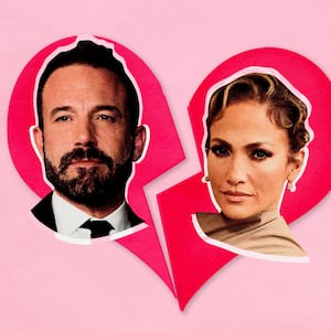 A photo illustration showing Ben Affleck and Jennifer Lopez with a broken heart background.