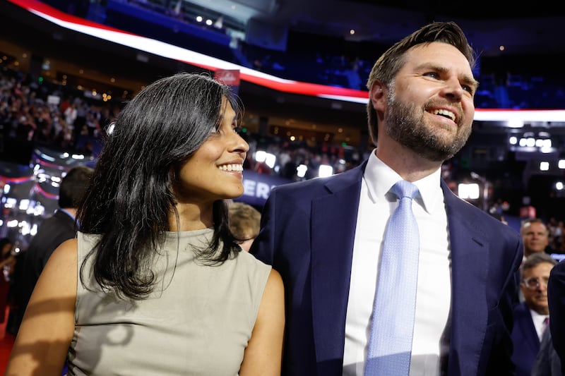 Usha Vance looks up at J.D. Vance