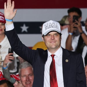 Matt Gaetz attends a rally for Republican presidential nominee Donald Trump, in Coachella, California on October 12, 2024.