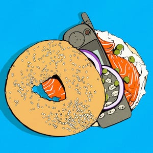 Illustration of a bagel with lox and an old cellphone