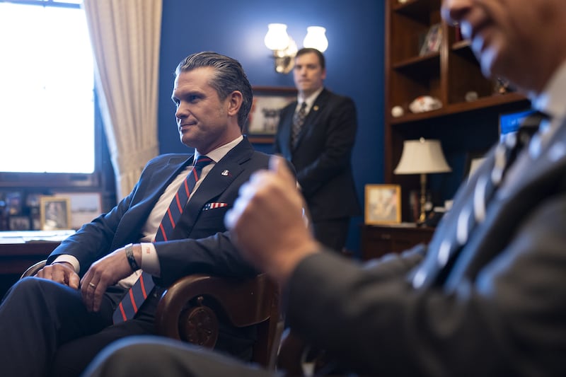 Pete Hegseth, President-elect Donald Trump's nominee to be Secretary of Defense meets with U.S. Senator Tommy Tuberville on Capitol Hill on December 2, 2024 in Washington DC, United States.