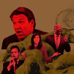 A photo illustration shows Ron DeSantis, Tim Scott, Nikki Hayley, and Vivek Ramaswamy amongst muddy elephants.