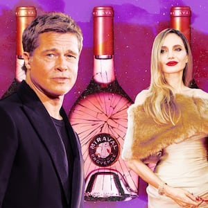 A photo illustration of Brad Pitt, Angelina Jolie, and broken Miraval wine.