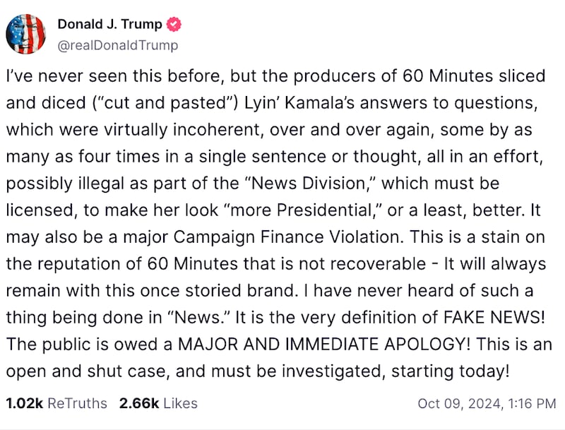 A post by Donald Trump on Truth social in which he attacks 60 Minutes for how it edited an interview with Kamala Harris.