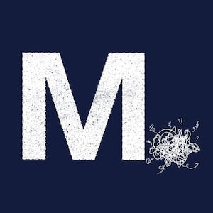 Illustration of the M logo from The Messenger with the period as a mess of jumbled scribble and doodles.