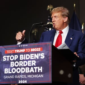 Former U.S. President Donald Trump speaks at a campaign event in Grand Rapids, Michigan.