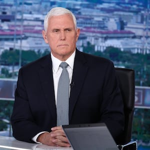 Former Vice President Mike Pence (L) visits FOX News Channel’s \"America Reports\" with John Roberts at the FOX News D.C. Bureau on January 30, 2024 in Washington, DC.