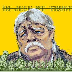 Photo illustration of a courtroom sketch of Jeff McConney with the words “In Jeff We Trust” crossed out behind his head and a flourish of a money border at the bottom.