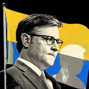 A photo illustration of Mike Johnson in front of a Ukrainian flag.