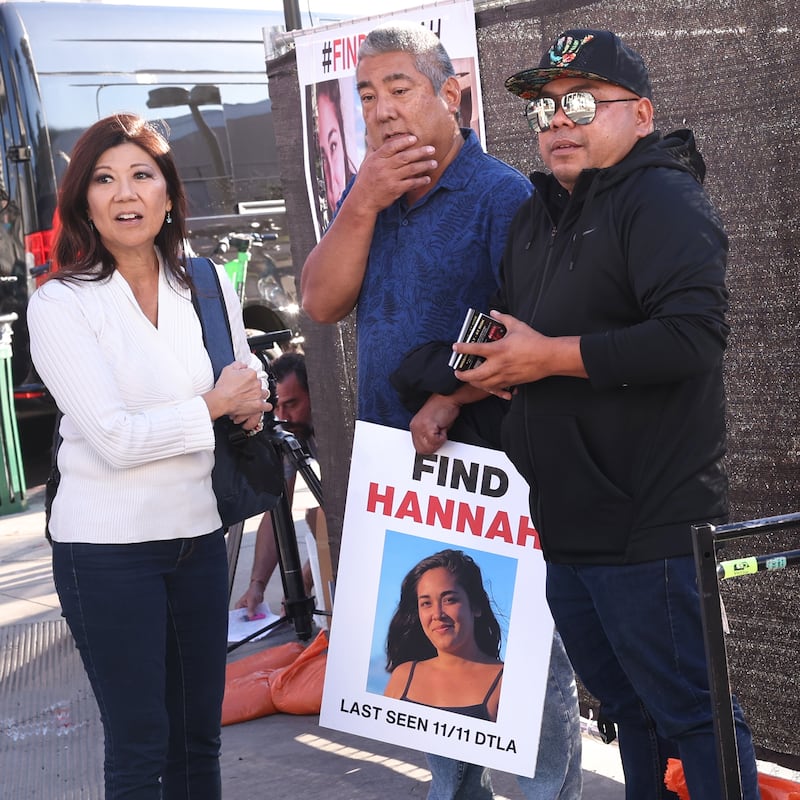 Los Angeles, California, November 21, 2024 – Volunteers posted fliers about missing Maui woman Hannah Kobayashi outside the Crypto.com Arena in downtown Los Angeles on Thursday. (Wally Skalij/Los Angeles Times via Getty Images)