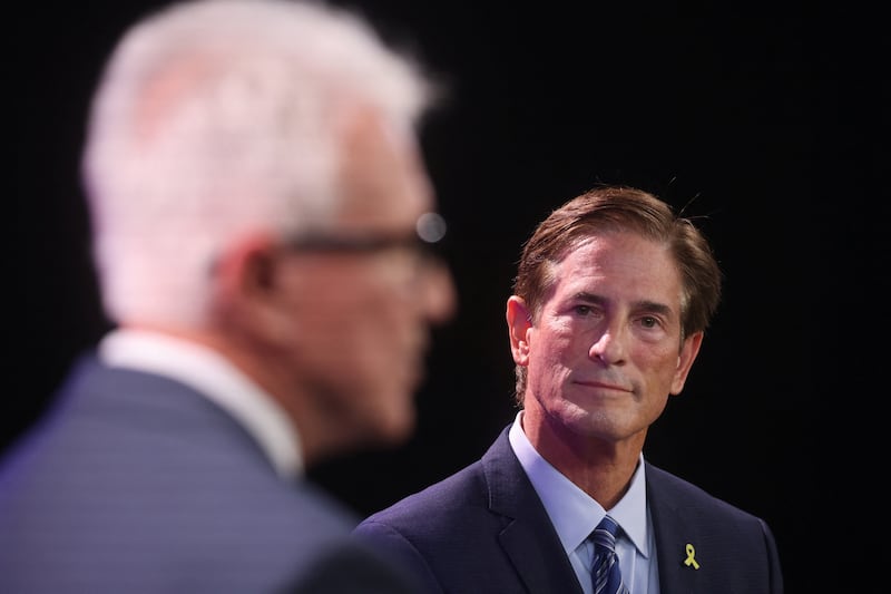 Nathan Hochman (right) participates in a debate with incumbent Los Angeles County District Attorney George Gascon in Los Angeles, on October 8, 2024.