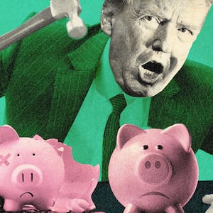 A photo illustration of Donald Trump smashing piggy banks