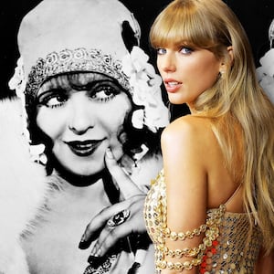 An illustration including a photo of Clara Bow and Taylor Swift 