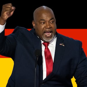 An image of North Carolina Lt. Governor Mark Robinson is laid over an image of the German flag.