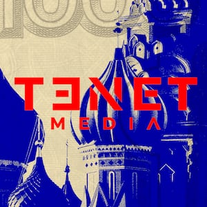 A photo illustration showing the Tenet Media group logo and Russian currency.