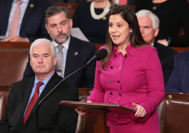 U.S. Rep. Elise Stefanik (R-NY) delivers remarks at the U.S. Capitol Building on October 17, 2023 in Washington, DC.