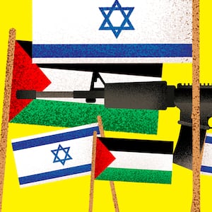 An illustration of a military rifle surrounded by Israeli and Palestinian flags