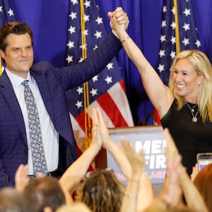 A photo of Rep. Matt Gaetz and Rep. Marjorie Taylor Greene at an “America First” rally in Florida.