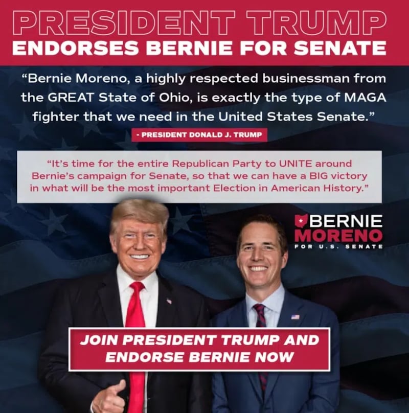 A promotional popup from Bernie Moreno's website touting the support of former president Donald Trump.