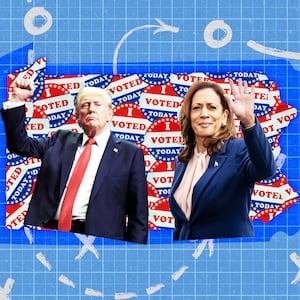 A photo illustration of Donald Trump, Kamala Harris, and the map of Pennsylvania. 